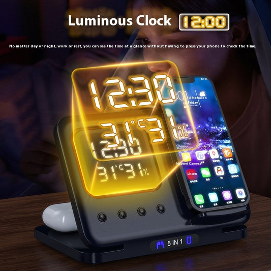 15W 5-in-1 Wireless Charger Stand with LED Digital Alarm Clock