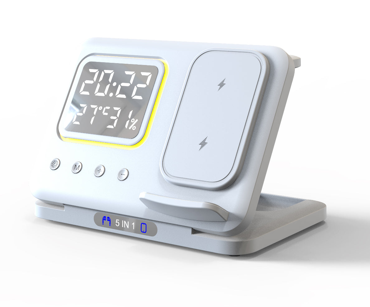 15W 5-in-1 Wireless Charger Stand with LED Digital Alarm Clock