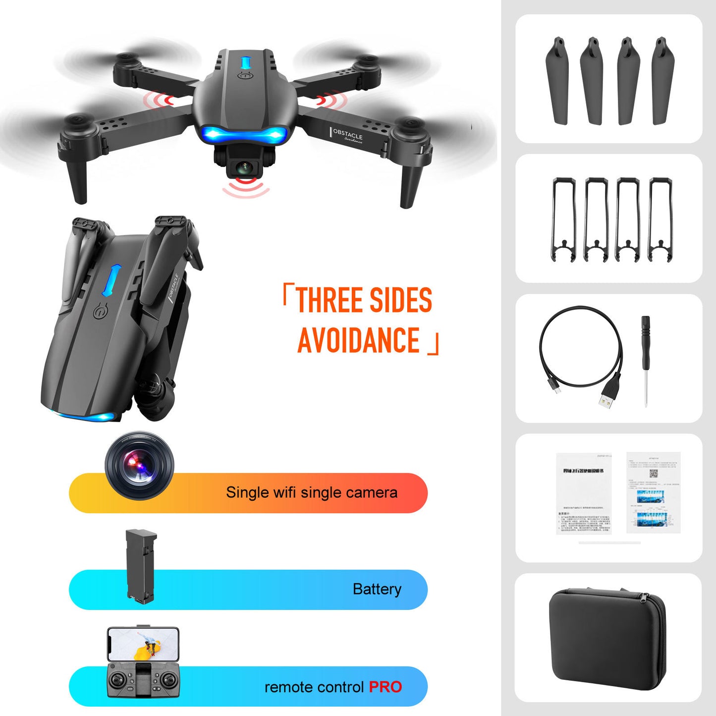 Drone à double caméra 4K – Télécommande avec détection d'obstacles sur trois côtés