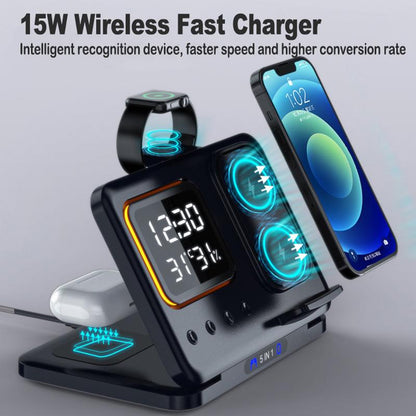 15W 5-in-1 Wireless Charger Stand with LED Digital Alarm Clock
