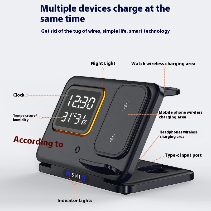 15W 5-in-1 Wireless Charger Stand with LED Digital Alarm Clock