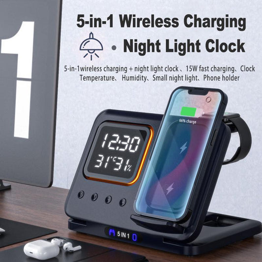 15W 5-in-1 Wireless Charger Stand with LED Digital Alarm Clock