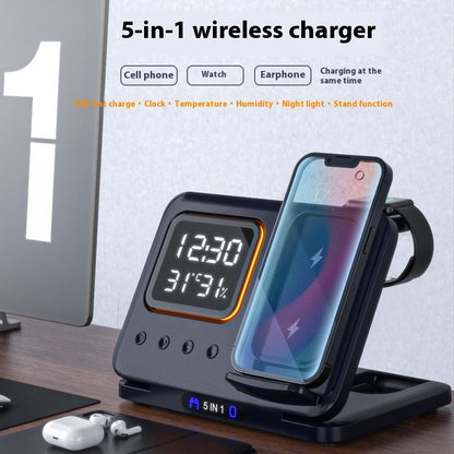 15W 5-in-1 Wireless Charger Stand with LED Digital Alarm Clock